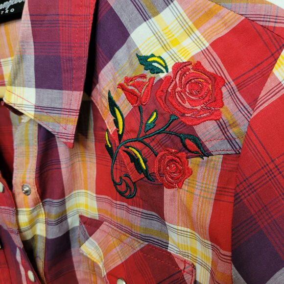 Wrangler Retro Women Size S Pearl Snap Western Shirt Cowgirl Rodeo Plaid Roses - Picture 5 of 9